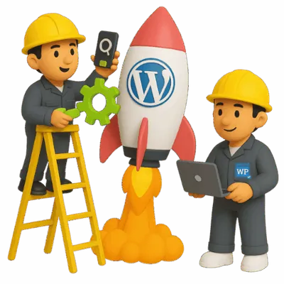 Illustration: Die WP-OK Hausmeister bringen eine Website-Rakete an den Start