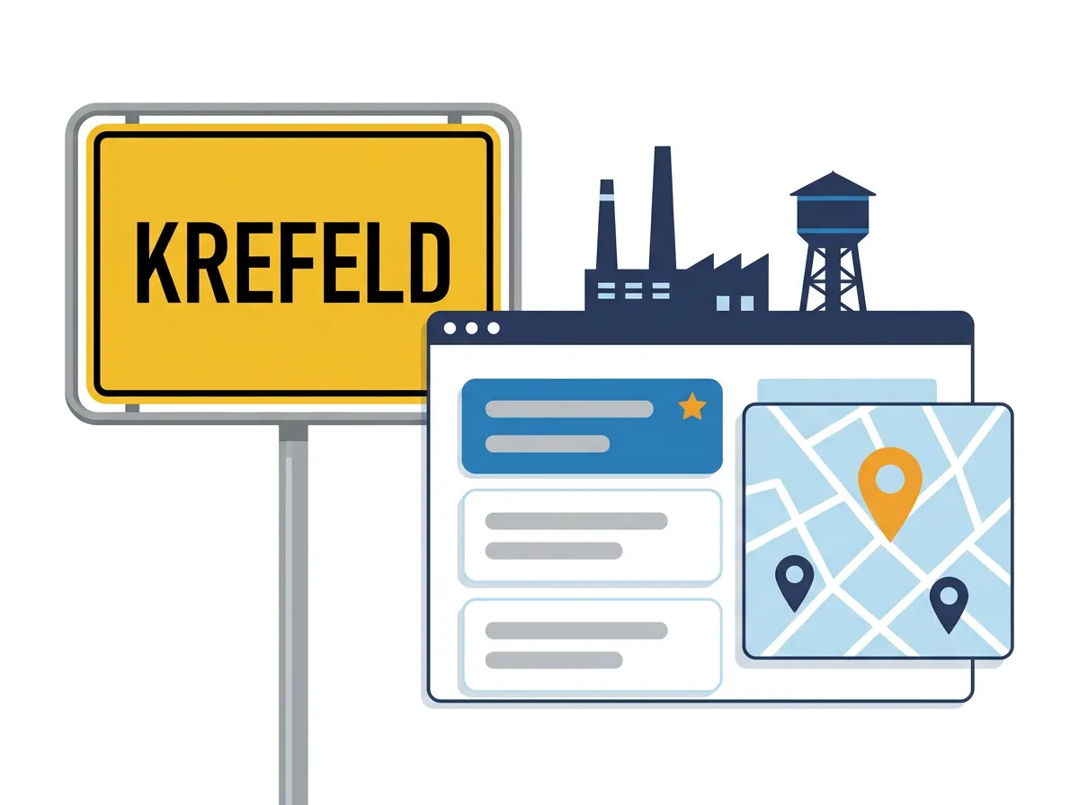 SEO Agentur Krefeld: Ortsschild Krefeld neben lokalen Google-Suchergebnissen und einem Kartenausschnitt mit Standort-Pins