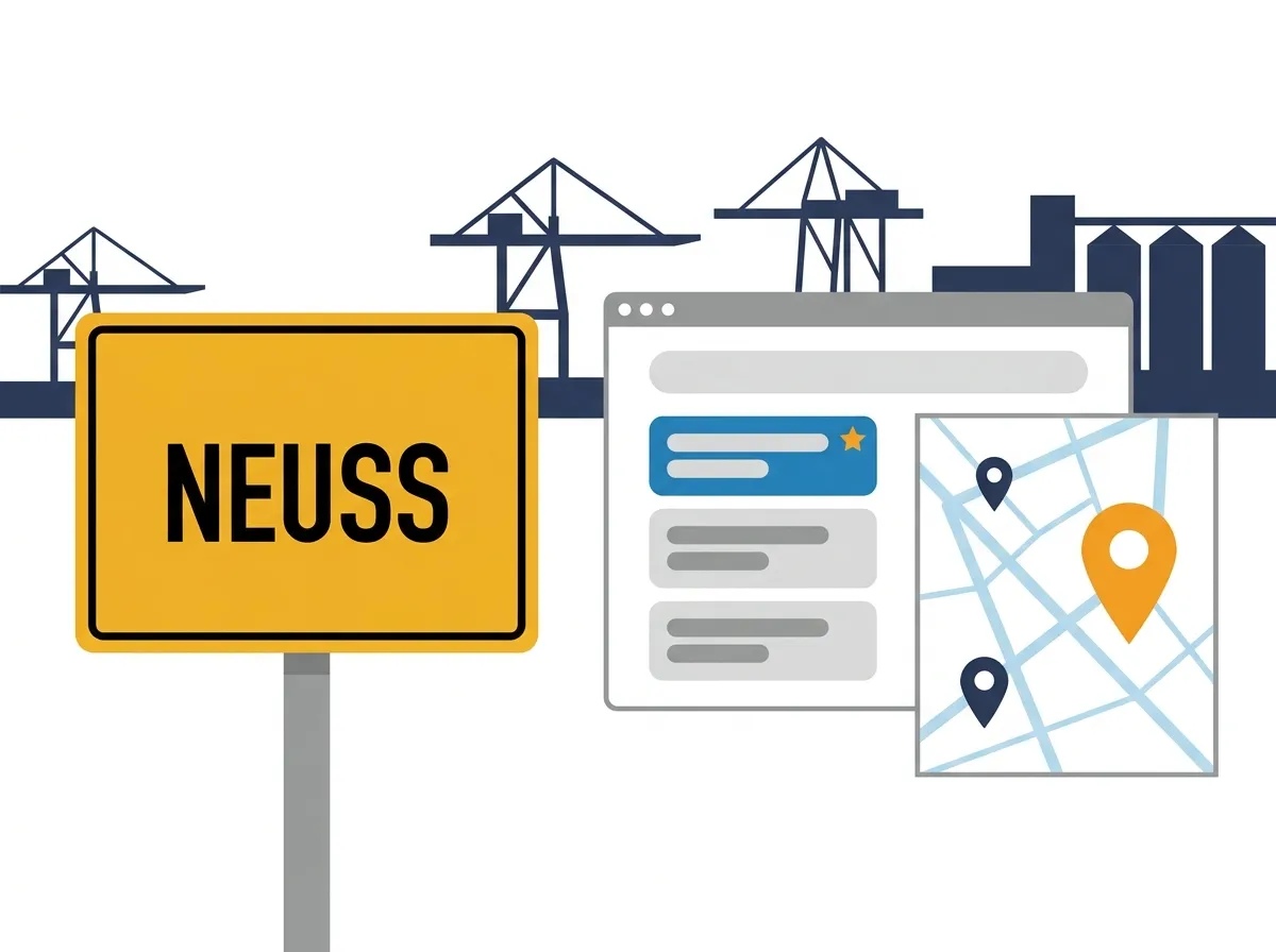 SEO Agentur Neuss: Ortsschild Neuss neben lokalen Suchergebnissen und einem Kartenausschnitt mit Standort-Pins