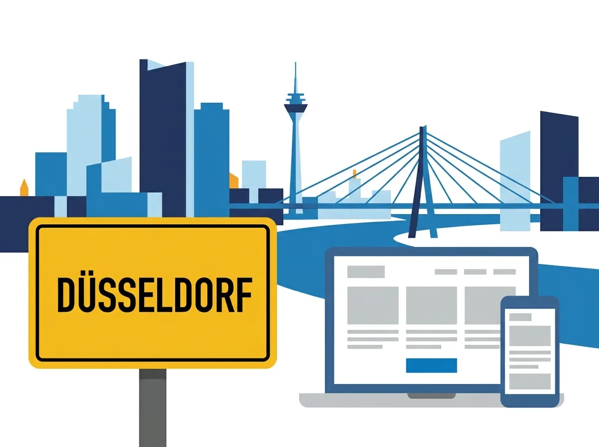 Webdesign Düsseldorf: Ortsschild Düsseldorf neben einer Website auf Laptop und Smartphone, dahinter Hochhäuser, Fernsehturm und Rheinbrücke