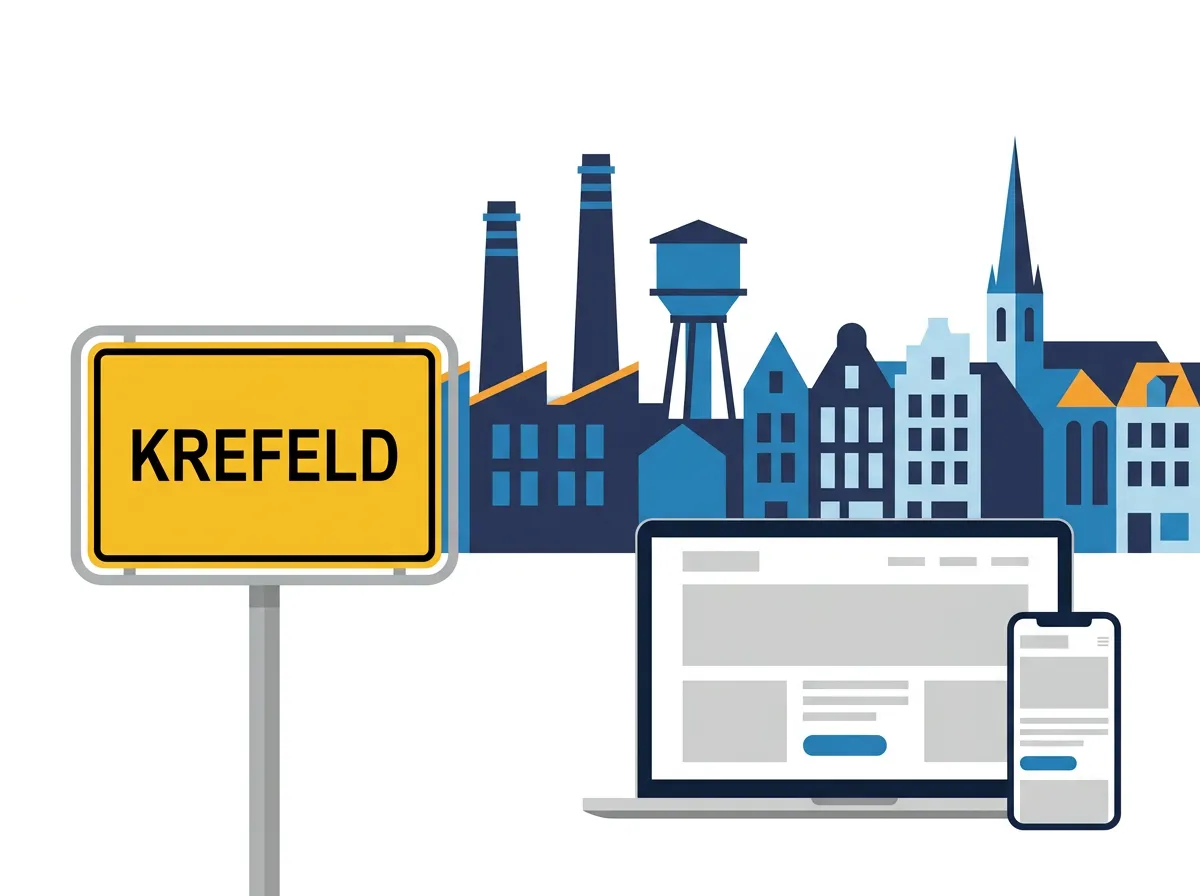 Webdesign Krefeld: gelbes Ortsschild Krefeld neben einer Website auf Laptop und Smartphone, dahinter Fabrikschlote und Wasserturm
