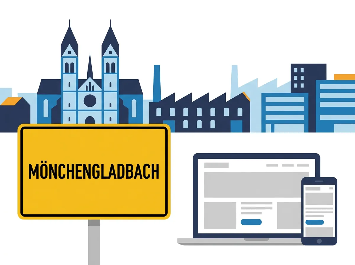 Webdesign Mönchengladbach: Ortsschild Mönchengladbach neben einer Website auf Laptop und Smartphone, dahinter Münster und Textilfabriken