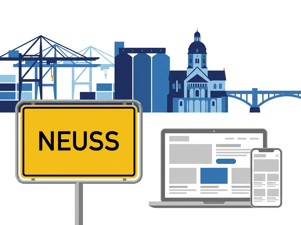 Webdesign Neuss: Ortsschild Neuss neben einer Website auf Laptop und Smartphone, dahinter Hafenkräne, Silos und eine Kirche mit Kuppelturm