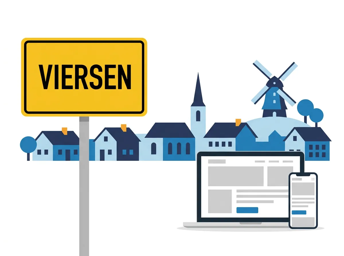 Webdesign Viersen: Ortsschild Viersen neben einer Website auf Laptop und Smartphone, dahinter Giebelhäuser, Kirchturm und eine Windmühle